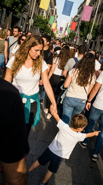 Madre sujetando la mano de su hijo que tira para explorar