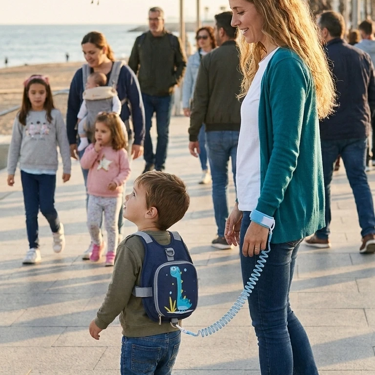 Niño paseando con la mochila antipérdida junto a su madre