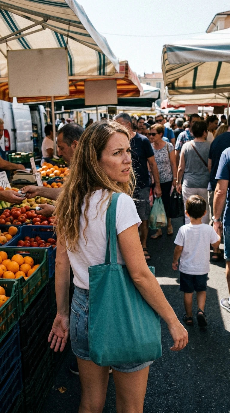 Madre buscando a su hijo entre la gente en un mercado