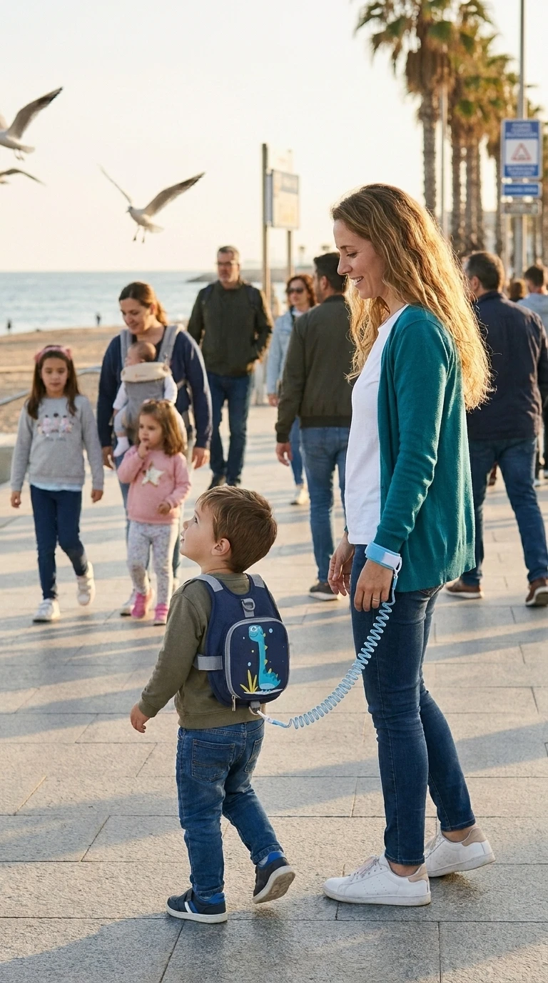 Niño paseando con la mochila antipérdida unido a la muñeca de su madre